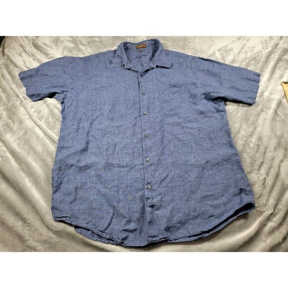 Tasso Elba Button Shirt Mens XL Chambray Blue Short Sleeve Linen Hawaiian SS - Picture 1 of 7